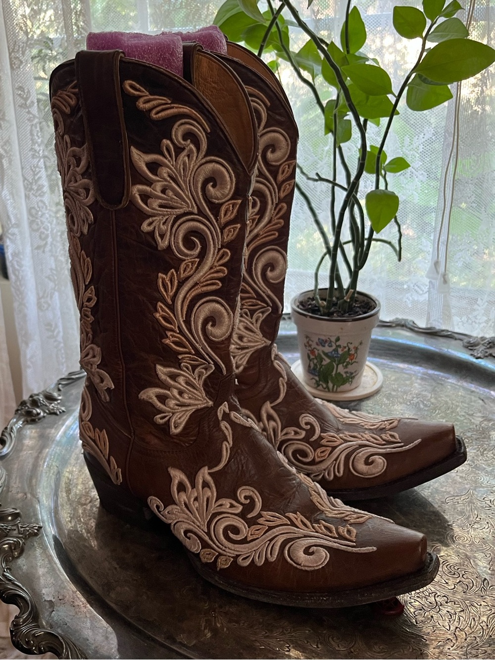 Durango Leather Embroidered Cowboy Boots - Multi-tone Cream Scroll/Floral Design